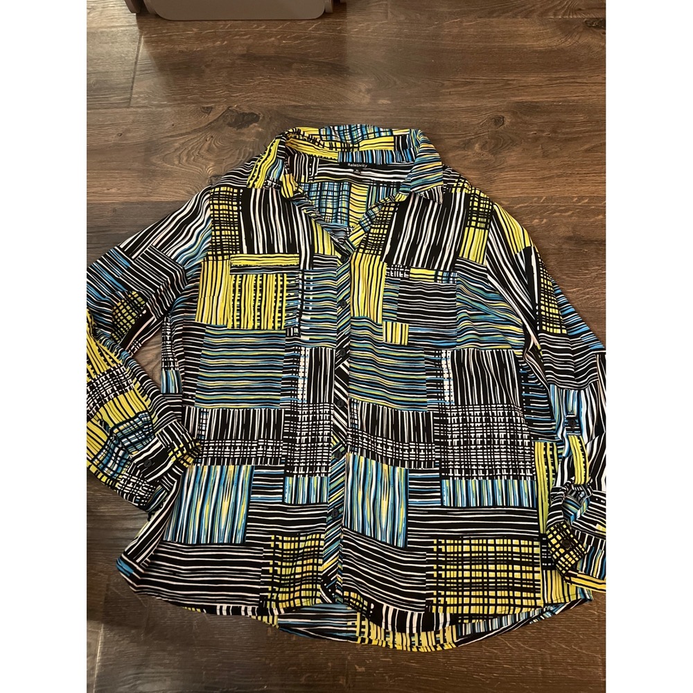 Relativity Womens‎ XL Button Down Blouse Yellow Blue Geometric  Print Top